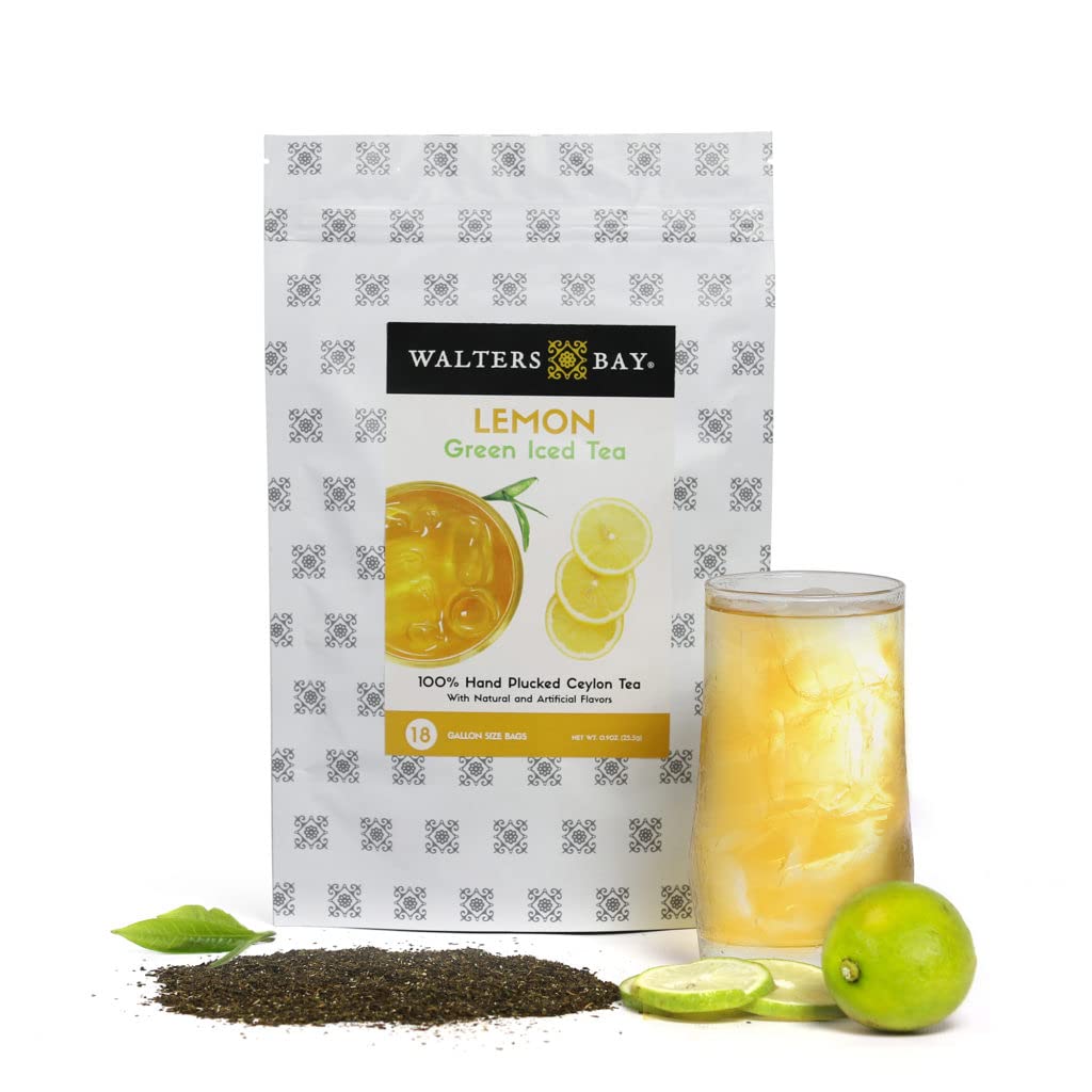 Walters Bay Té helado verde limón, 18 unidades, bolsas de té de tamaño de galón, té de Ceilán al por mayor, refrescante sabor cítrico a limón, 100%