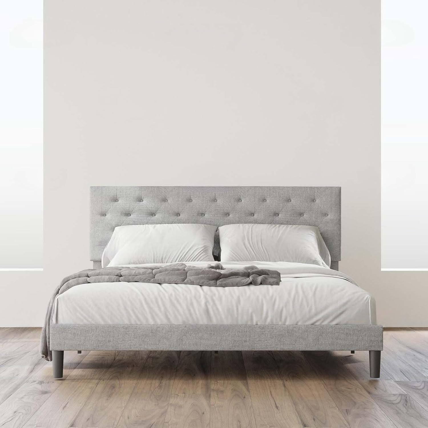 Base de cama tapizada de tamaño matrimonial con cabecera de botón ajustable, base de colchón con soporte de listones de madera, no necesita somier,