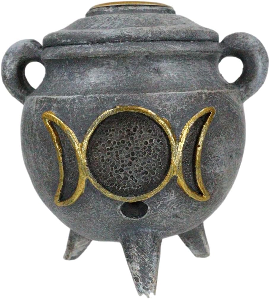 Ebros Gift Witchcraft Wicca Sagrada Triple Luna Femenina Símbolo de Diosa Caldero Cono de Incienso Reflujo Titular Estatuilla de Halloween Oculto