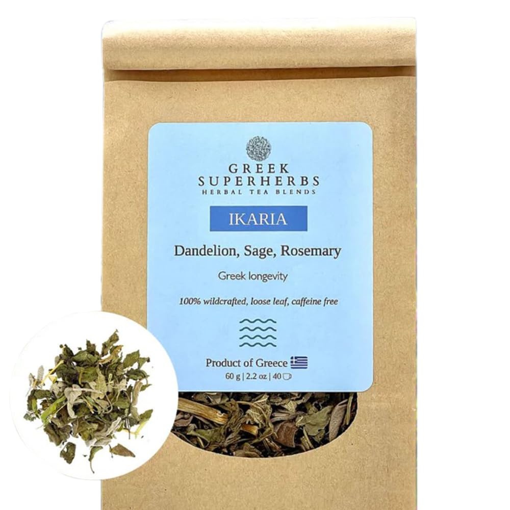 IKARIA Tea  Té de hierbas Blue Zone para la longevidad  Salvia silvestre, diente de león, romero  100% elaborado en forma silvestre, sin cafeína,