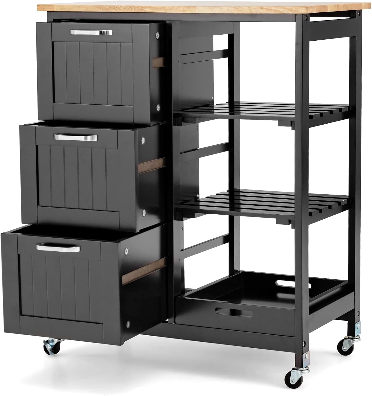 PETSITE Carrito de isla de cocina con almacenamiento y ruedas, mesa de isla pequeña con cajones y estantes para el hogar, color negro