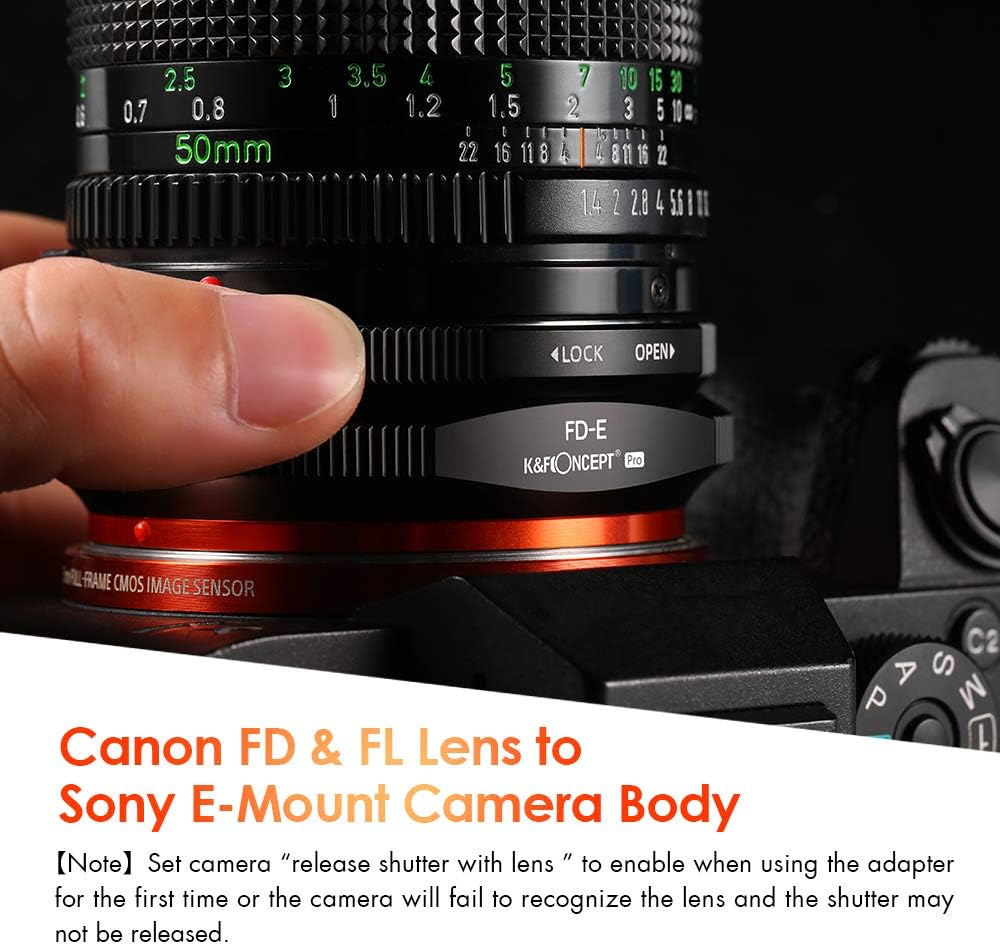 K&F Concept Adaptador de montaje de lente FD a E compatible con Canon FD FL Mount Lens a E NEX Mount Cámaras sin espejo con diseño de barniz mate