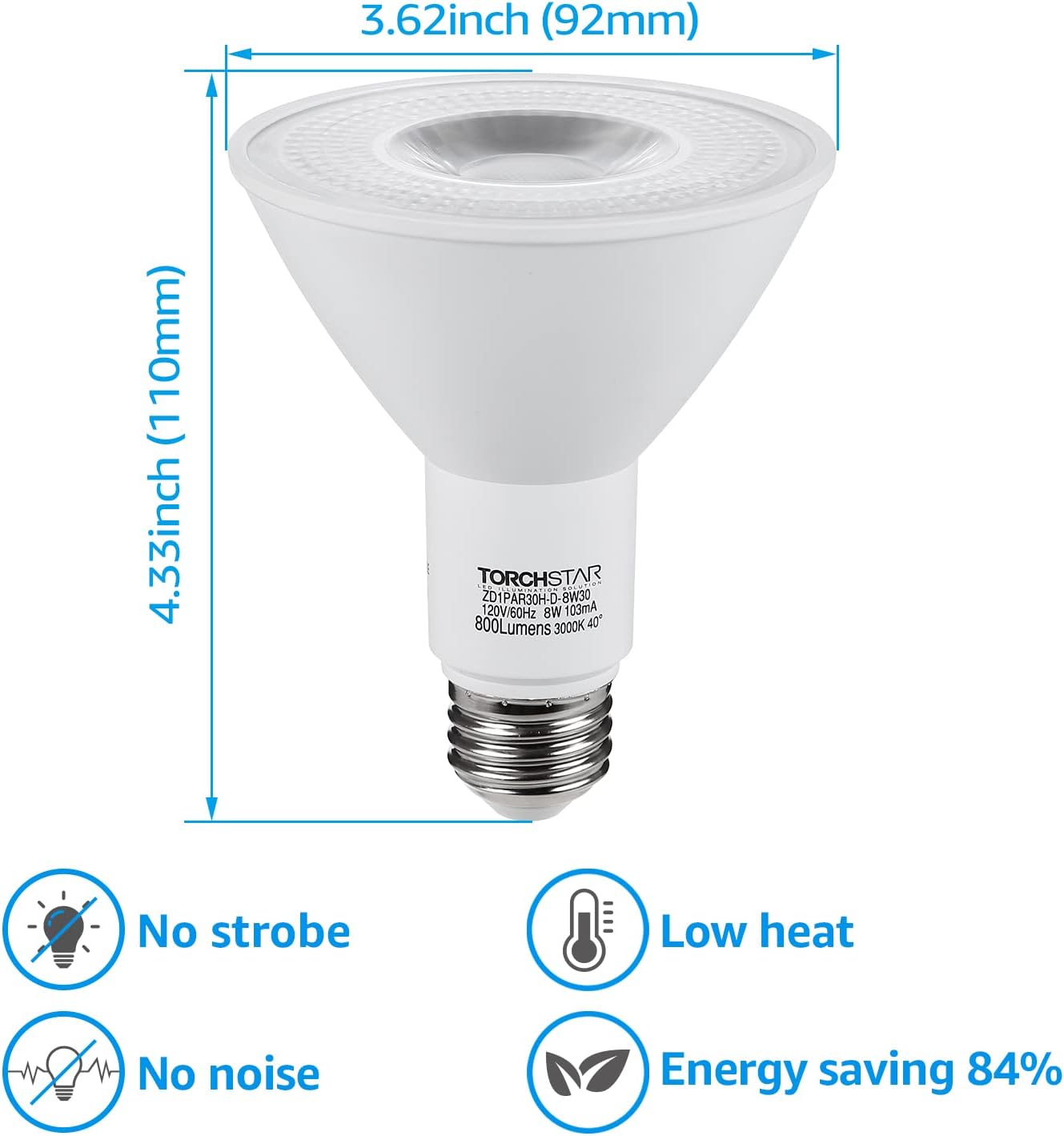 TORCHSTAR PAR30 – Bombilla LED de cuello largo, CRI90+, focos LED regulables, 8 W  75 W, blanco cálido 3000 K, certificación UL y ES, 800 lm súper