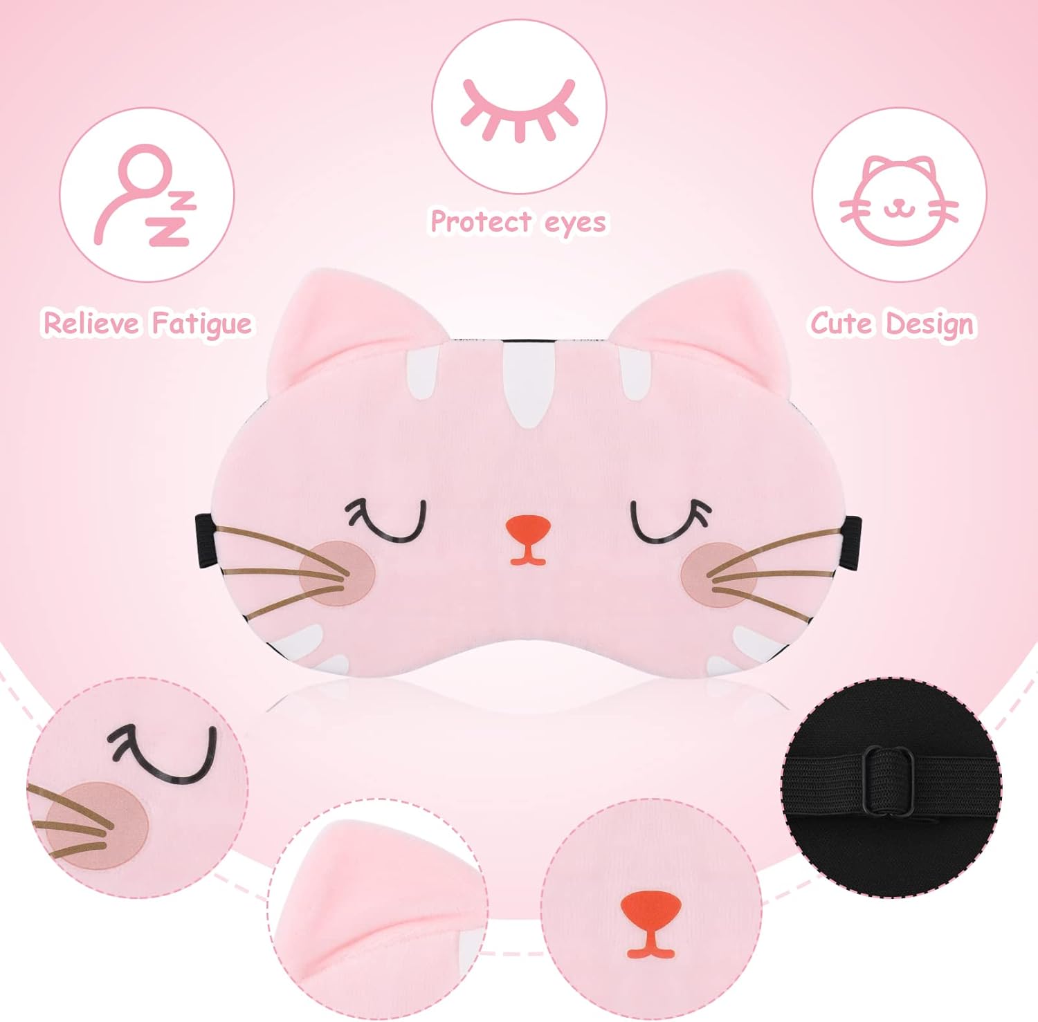 3 piezas de antifaz para dormir para niños, máscara suave para dormir con correa ajustable de dibujos animados gato máscara para dormir adultos