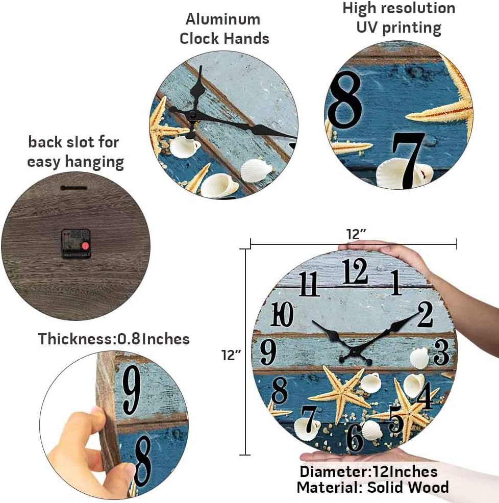 Reloj de pared Seashell, 12 pulgadas, mecanismo de cuarzo silencioso sin tictac, fácil de leer, tema de playa de madera ligero