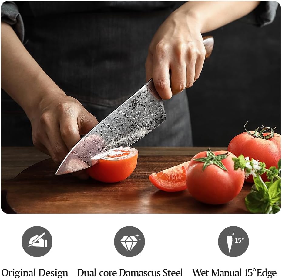 XINZUO Cuchillo de chef de acero de Damasco de 8.3 pulgadas, 110 capas, cuchillo de cocina profesional forjado a mano, espiga completa, cuchillo