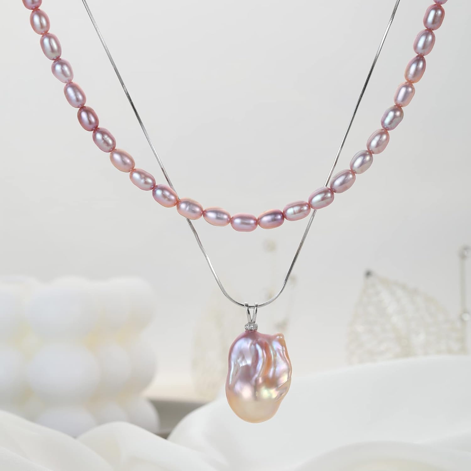 Genuine Freshwater Pearl Necklace Pearl necklaces for WomenDouble Layer Silver Necklace for Women Metallic Purple Pink Necklaces for Women Baroque