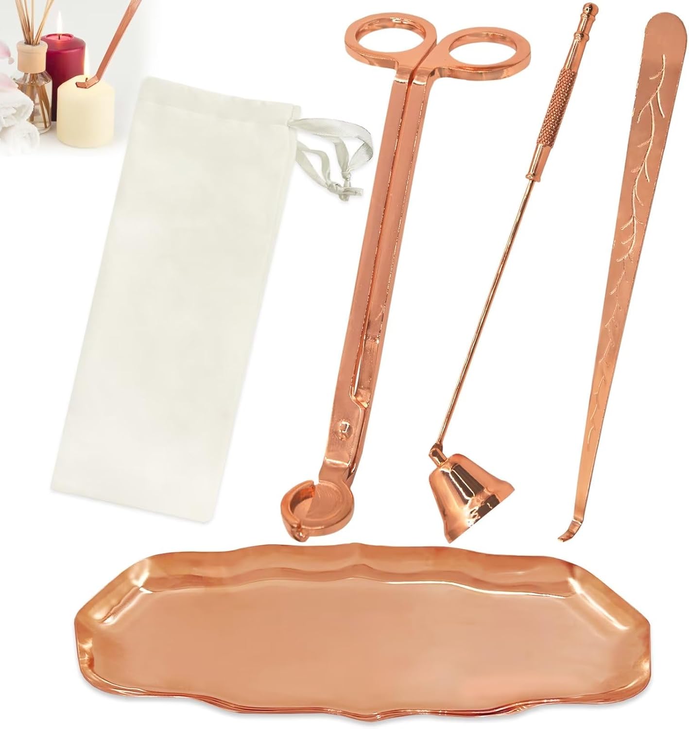 Juego de accesorios de velas 4 en 1, recortador de mecha de vela, desinflador de velas, plato de bandeja de almacenamiento con bolsa portátil caja