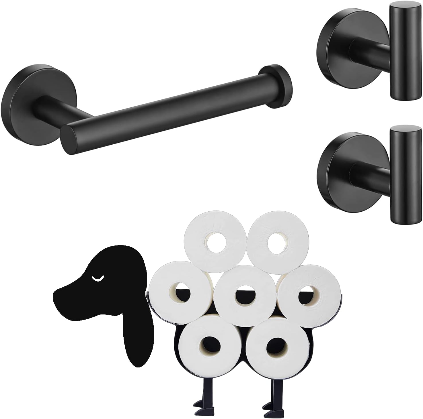 Juego de soporte para papel higiénico  Incluye soporte independiente para perro, dos ganchos negros para toallas y soporte para papel higiénico de