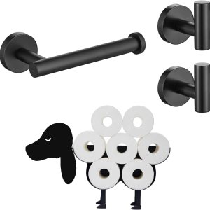 Juego de soporte para papel higiénico  Incluye soporte independiente para perro, dos ganchos negros para toallas y soporte para papel higiénico de Juego de soporte para papel higiénico  Incluye soporte independiente para perro, dos ganchos negros para toallas y soporte para papel higiénico de