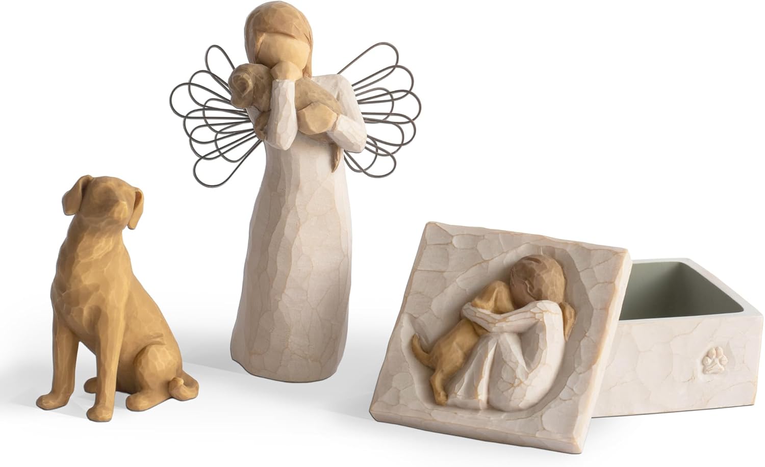 Willow Tree Angel of Friendship Plus Love My Dog Figura Plus True Keepsake Box Set de 3 piezas