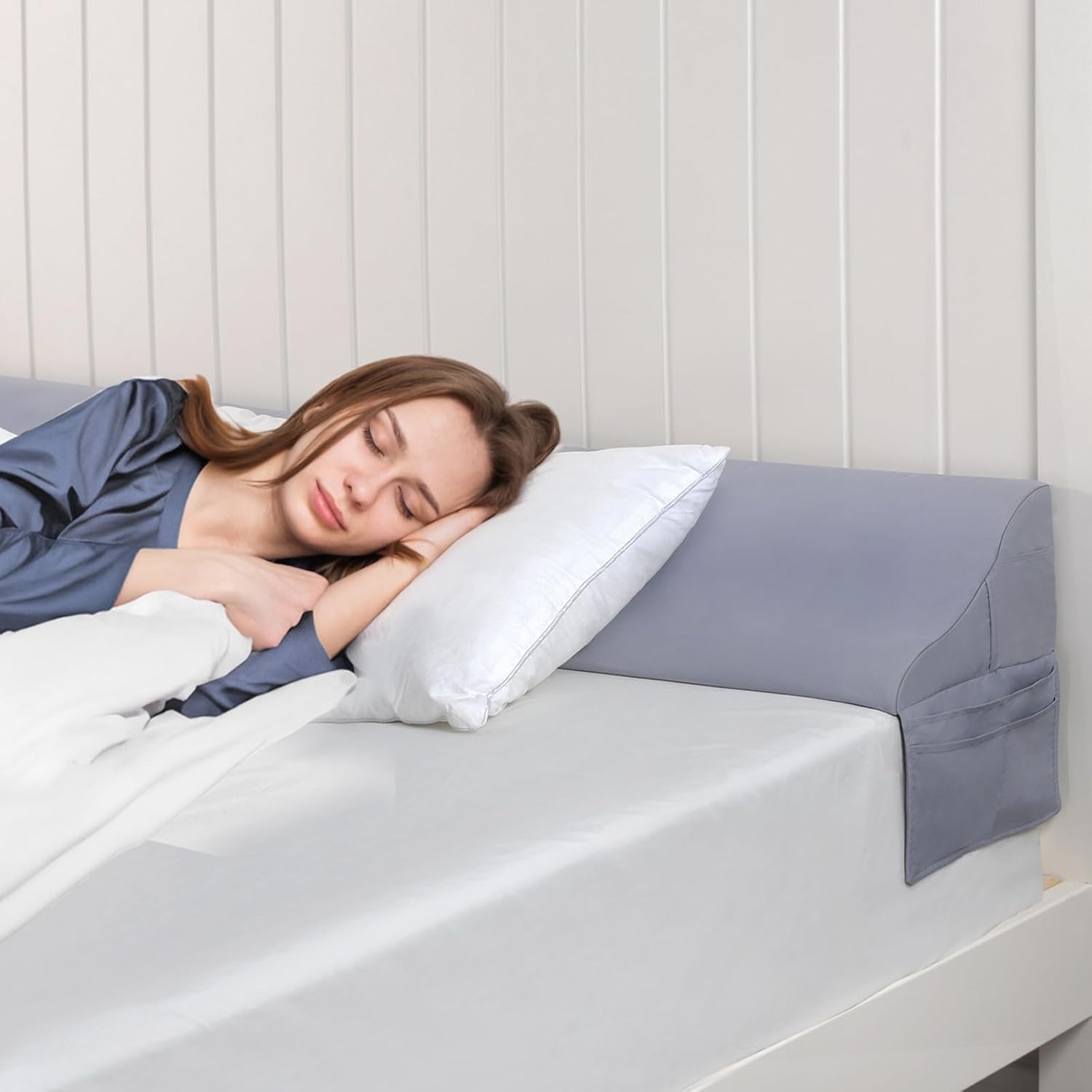 Vekkia Almohada de cuña de cama tamaño Queen con bolsillos grandes para cabecero, relleno de espacio de colchón, almohada triangular para cerrar el