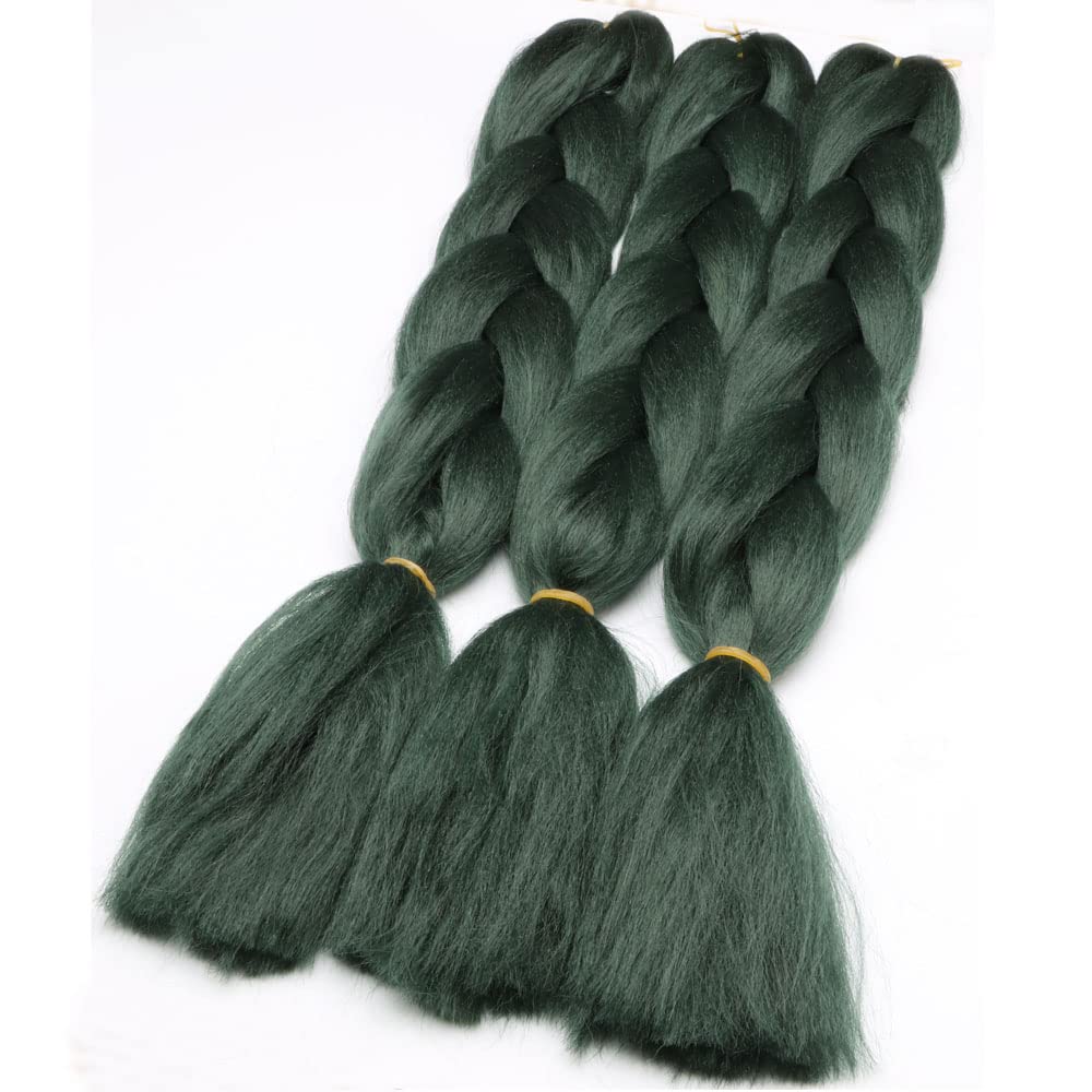 Extensiones de cabello original Jumbo trenzas, color verde oscuro puro, 3 unidades, 24 pulgadas, 3.53 ozunidad para trenzar caja trenzada (verde