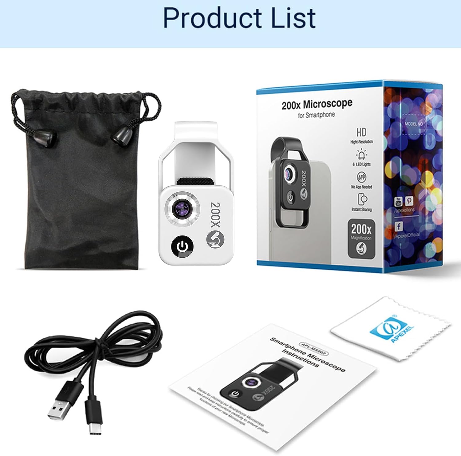 ANXPTIME Mini microscopio de bolsillo para teléfono 200X con luz LED CPL Microscopio digital Accesorios de cámara para la mayoría de teléfonos
