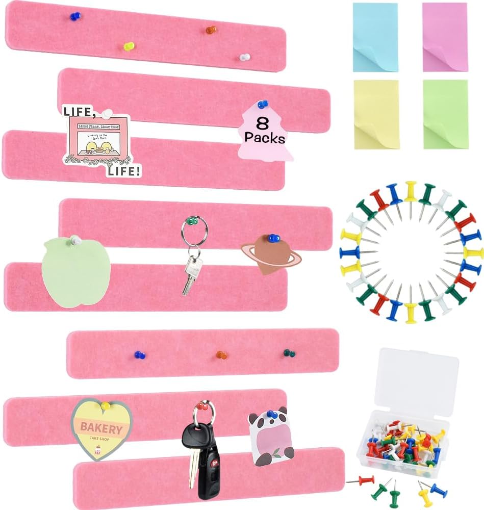 Vuzvuv 8 tiras de barra de corcho rosa con 50 alfileres y notas adhesivas, tiras autoadhesivas para tablón de anuncios que no dañan la pared,