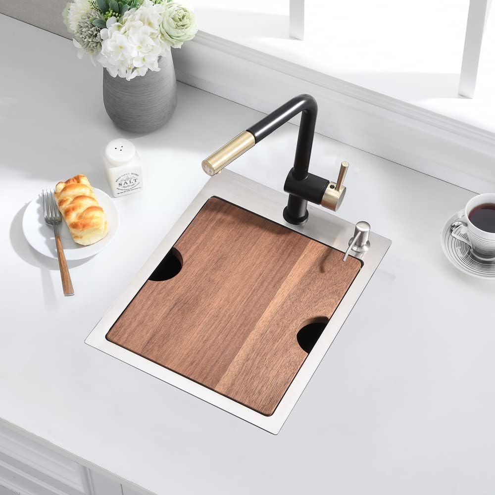 SOMRXO Fregadero de barra de acero inoxidable de 15 pulgadas x 20 pulgadas, fregadero de cocina de montaje superior de 15 x 20 pulgadas, fregadero