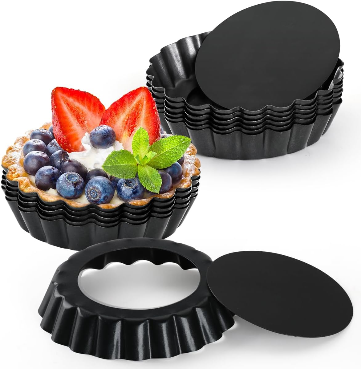 Juego de 12 moldes para tartas de 4 pulgadas, mini sartenes para tartas con fondo suelto, antiadherentes, redondos, mini quiche, reutilizables, de
