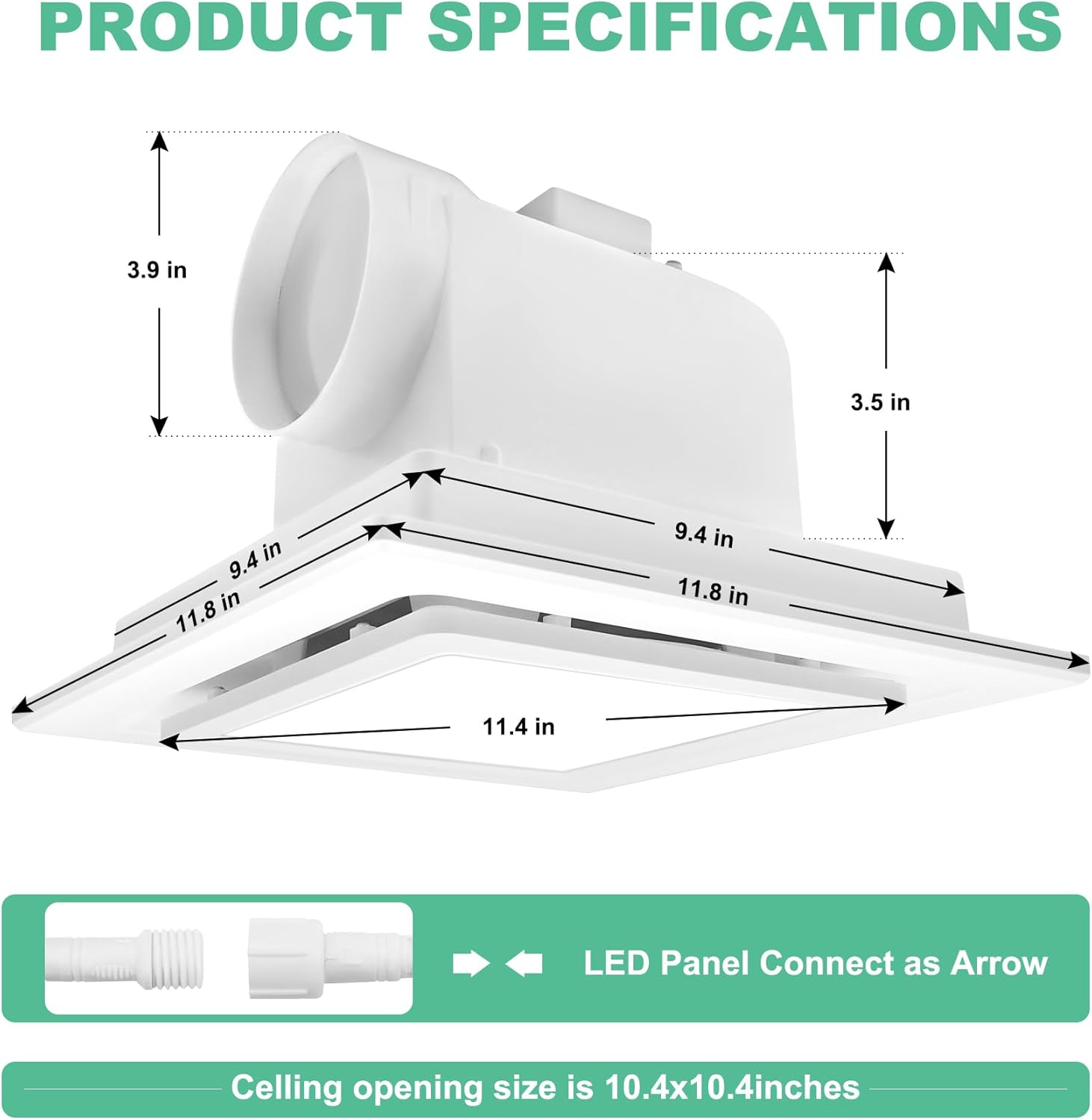 Extractor de baño con luz, panel de 11.8 pulgadas, 3000 K4500 K6000 K 12 W LED cuadrado, 141 CFM, 0.7 sonos, 110 V 45 W silencioso ventilador de