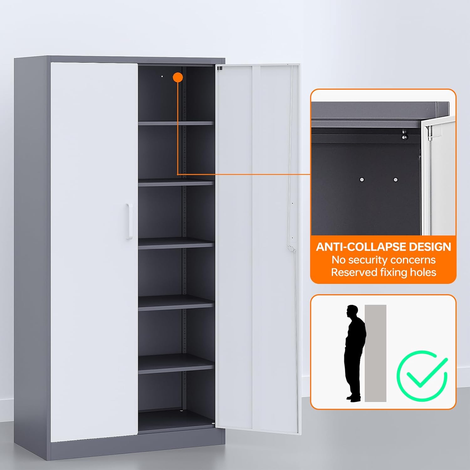 Armarios de almacenamiento de metal con cerradura, gabinete de almacenamiento de garaje de 71 pulgadas con 2 puertas y 4 estantes ajustables,
