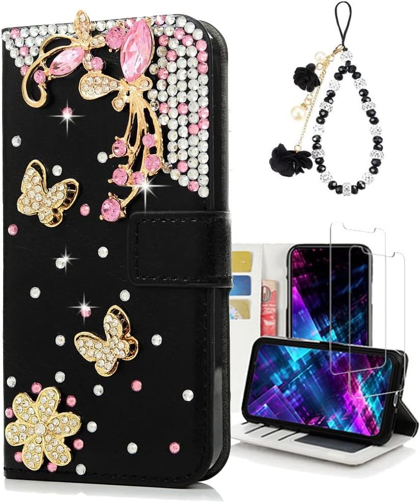 Funda para teléfono con diseño de cartera, diseño 3D hecho a mano con diamantes de imitación de mariposa y diamantes de imitación, diseño brillante