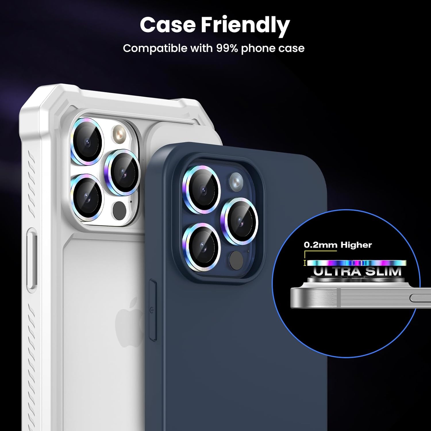 Tensea Protector de lente de cámara para iPhone 15 ProiPhone 15 Pro Max, protector de pantalla de vidrio templado 9H, anillo individual de metal