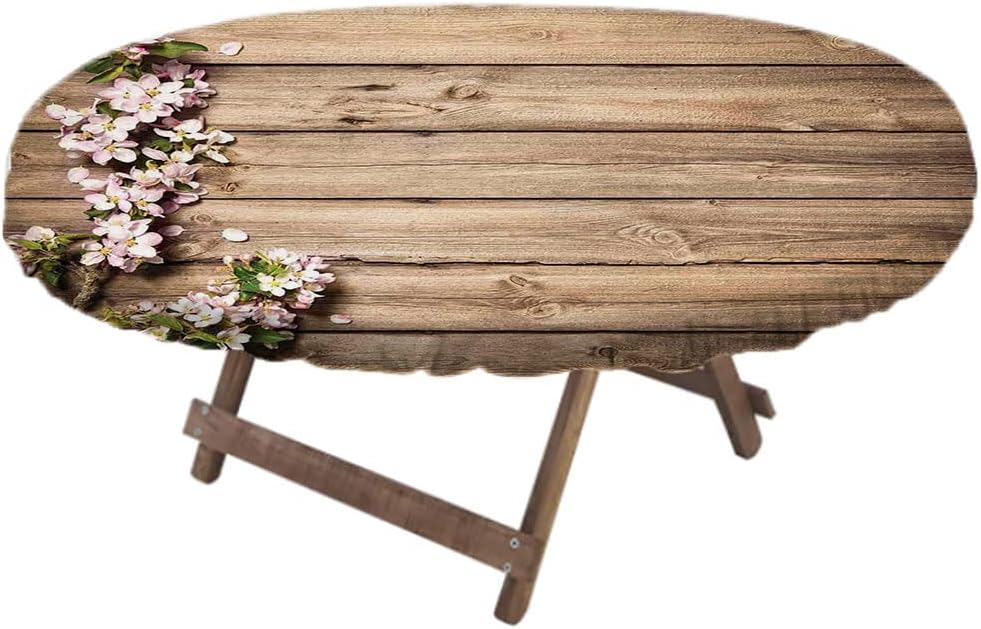 Mantel ajustable elástico ovalado rústico, rama de árbol en flor de primavera en imagen de huerto floreciente de madera desgastada, para decoración