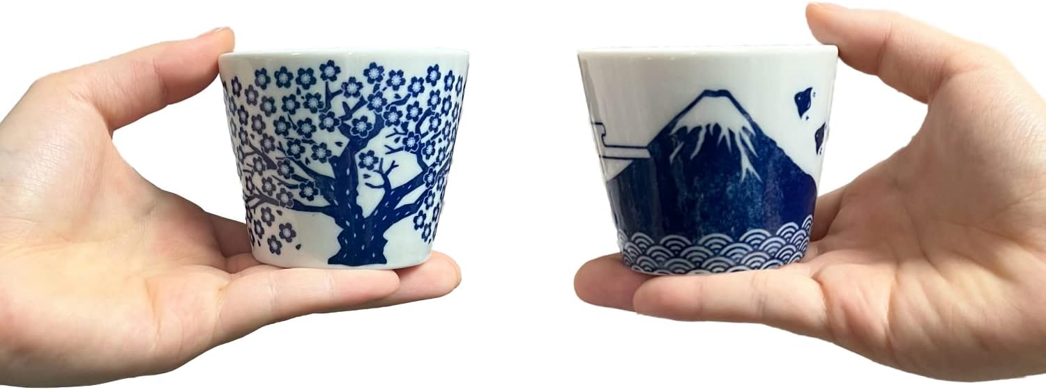 Juego de 2 tazas de sake japonesas – Sakura y Monte Fuji Design, cerámica de color índigo, 3.9 onzas líquidas, para bebidas frías y calientes, taza