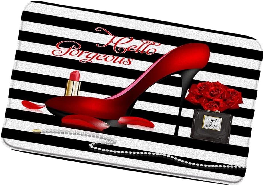 ZZYSKS Alfombra de baño de moda para niña, tacones altos, botella de perfume, maquillaje, rayas negras, blancas, alfombra de baño, rosa, flor, dama,