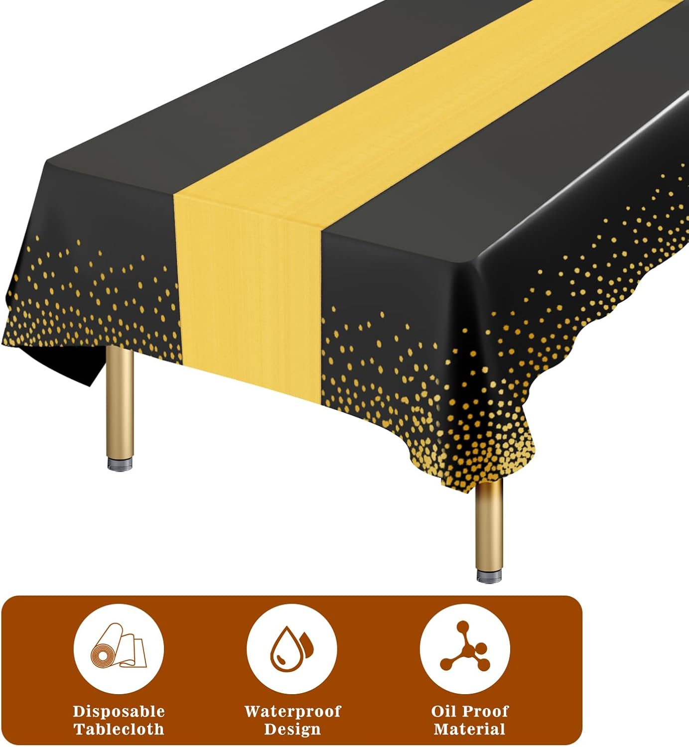 Paquete de 12 manteles rectangulares de plástico negro desechables y satinados, mantel rectangular negro y dorado para cumpleaños, aniversario,