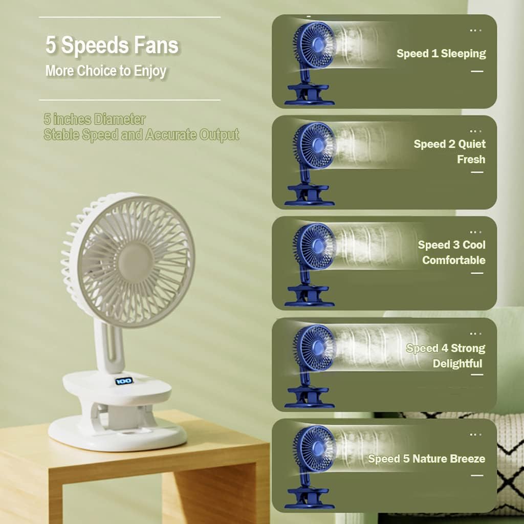 Ventiladores de mesa portátiles de 5 pulgadas con clip, cabezal oscilante de 120, arribaabajo, indicador LED ajustable, ajuste de temporizador,