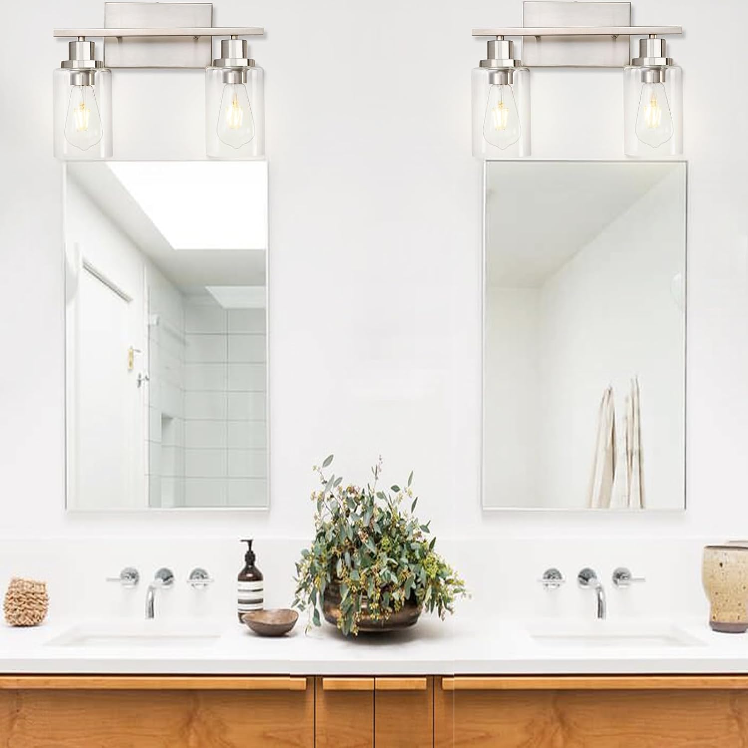 2 lámparas de baño, lámpara de tocador de níquel cepillado sobre espejo, moderna casa de campo, apliques de pared para baño, dormitorio, sala de