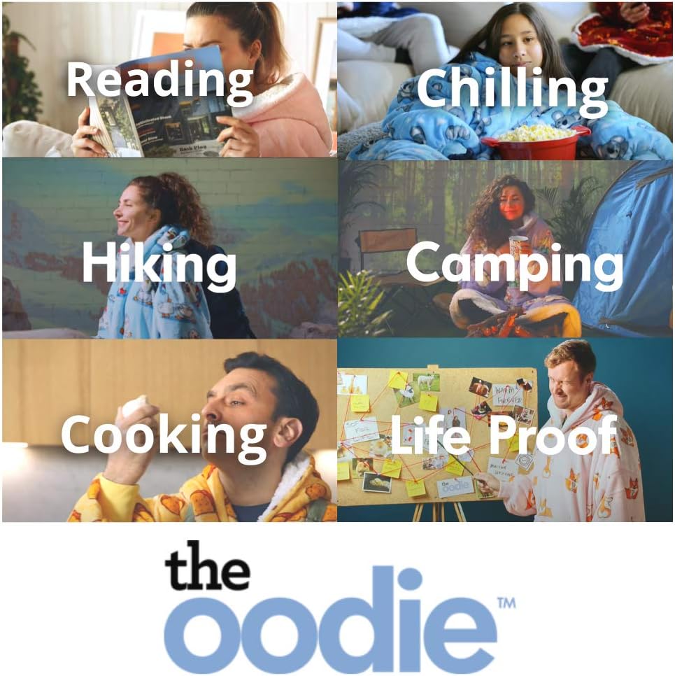 The Oodie – Sudadera extragrande con capucha para niños o adultos, muchos patrones y colores, mezcla entre sudadera y manta
