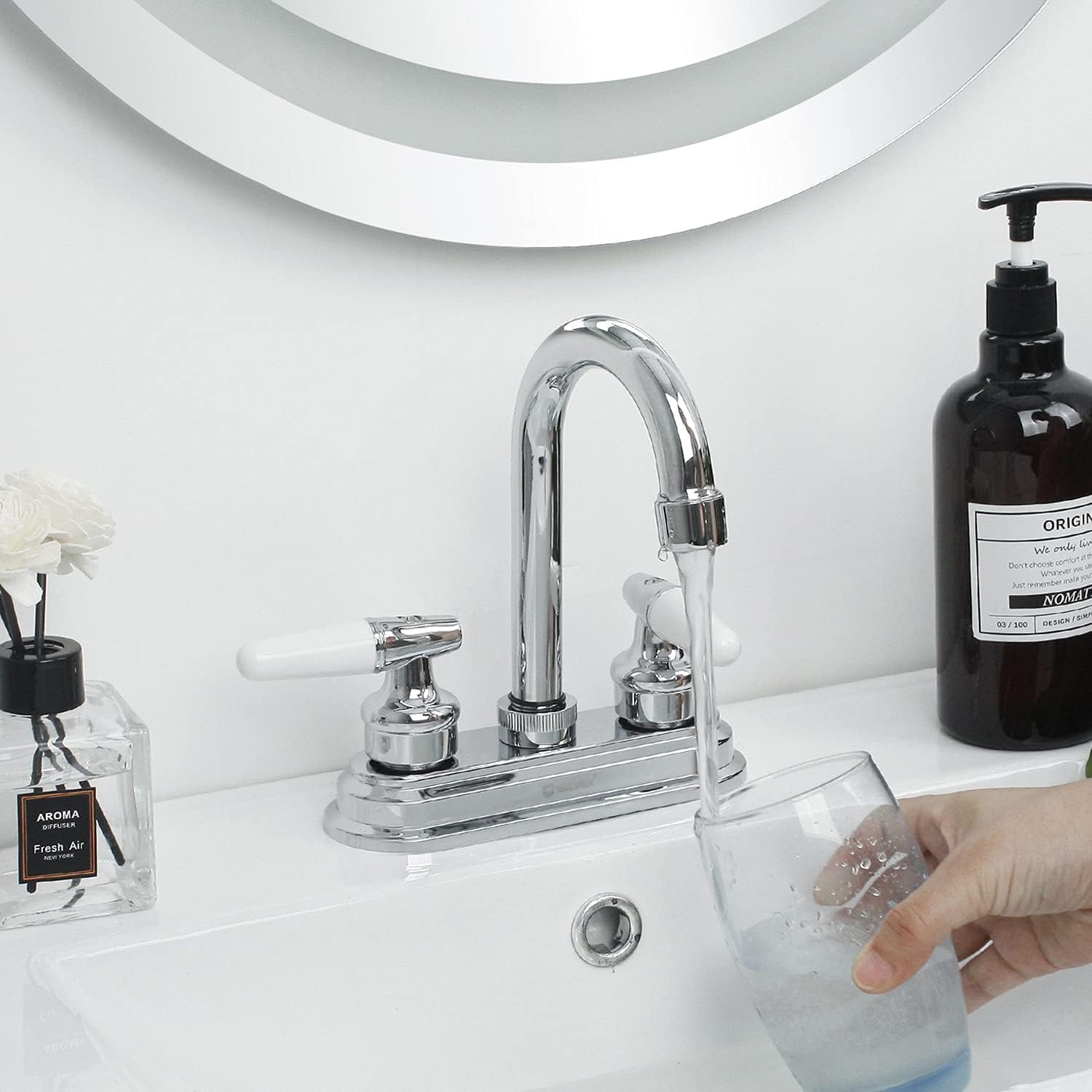 SOLVEX Centerset SP-40004-2 – Grifo de lavabo de baño WaterSense de 4 pulgadas, grifo de baño de 3 agujeros, níquel cepillado, grifo de lavabo de