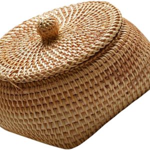 Zerodeko Cesta de almacenamiento redonda de ratán con tapa, cesta para servir pan de frutas, caja de almacenamiento tejida a mano, cesta de huevos, Zerodeko Cesta de almacenamiento redonda de ratán con tapa, cesta para servir pan de frutas, caja de almacenamiento tejida a mano, cesta de huevos,