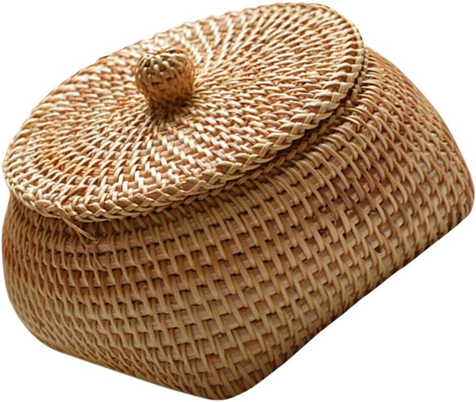 Zerodeko Cesta de almacenamiento redonda de ratán con tapa, cesta para servir pan de frutas, caja de almacenamiento tejida a mano, cesta de huevos,