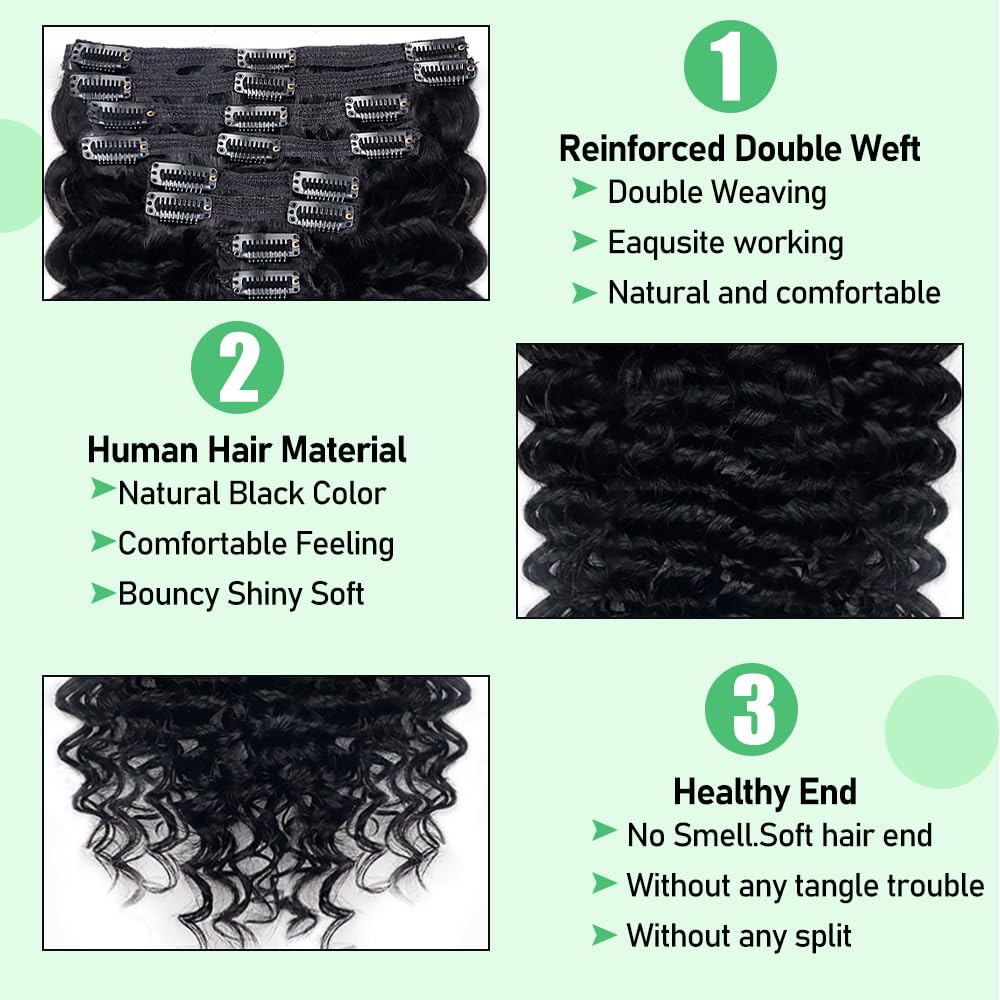 Extensiones de cabello humano real de onda profunda con clip, para mujeres negras, 8 unidades, extensiones de cabello humano Remy brasileño con 18