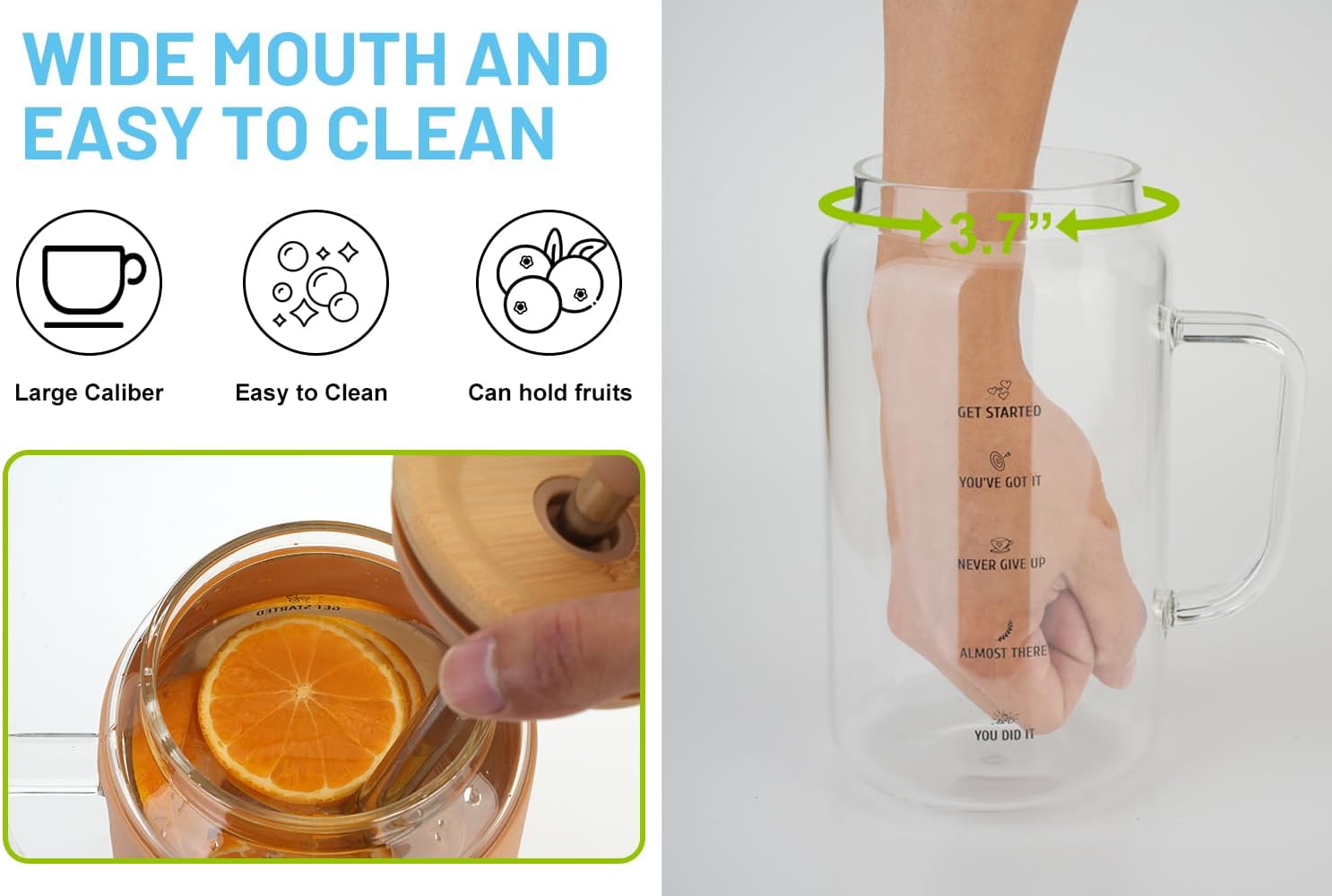 Zenbo Vaso de vidrio de 50 onzas con asa, tapa y pajilla, vaso de agua motivacional con marcador de tiempo