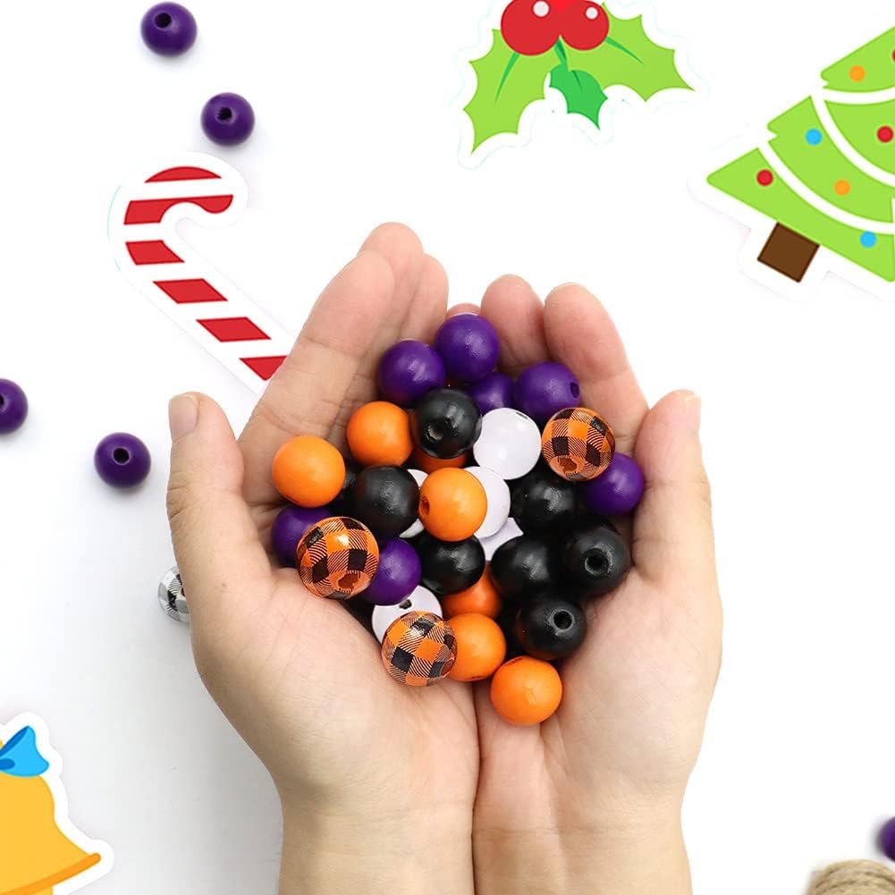 150 cuentas redondas de madera de Halloween, cuentas coloridas a cuadros de búfalo, cuentas espaciadoras de madera rústicas con cuerda de cáñamo