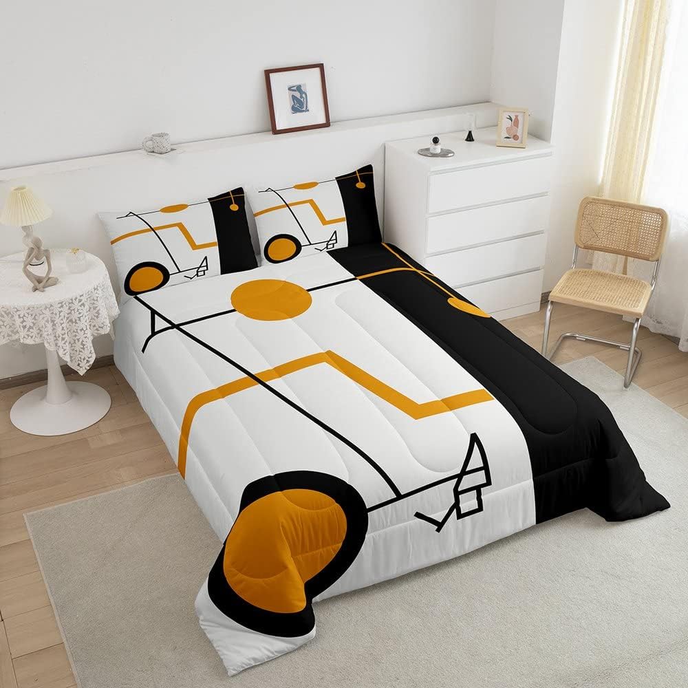 Juego de ropa de cama naranja, blanco y negro para niños y niñas, juego de edredón de rayas geométricas y remolinos circulares, edredón acolchado
