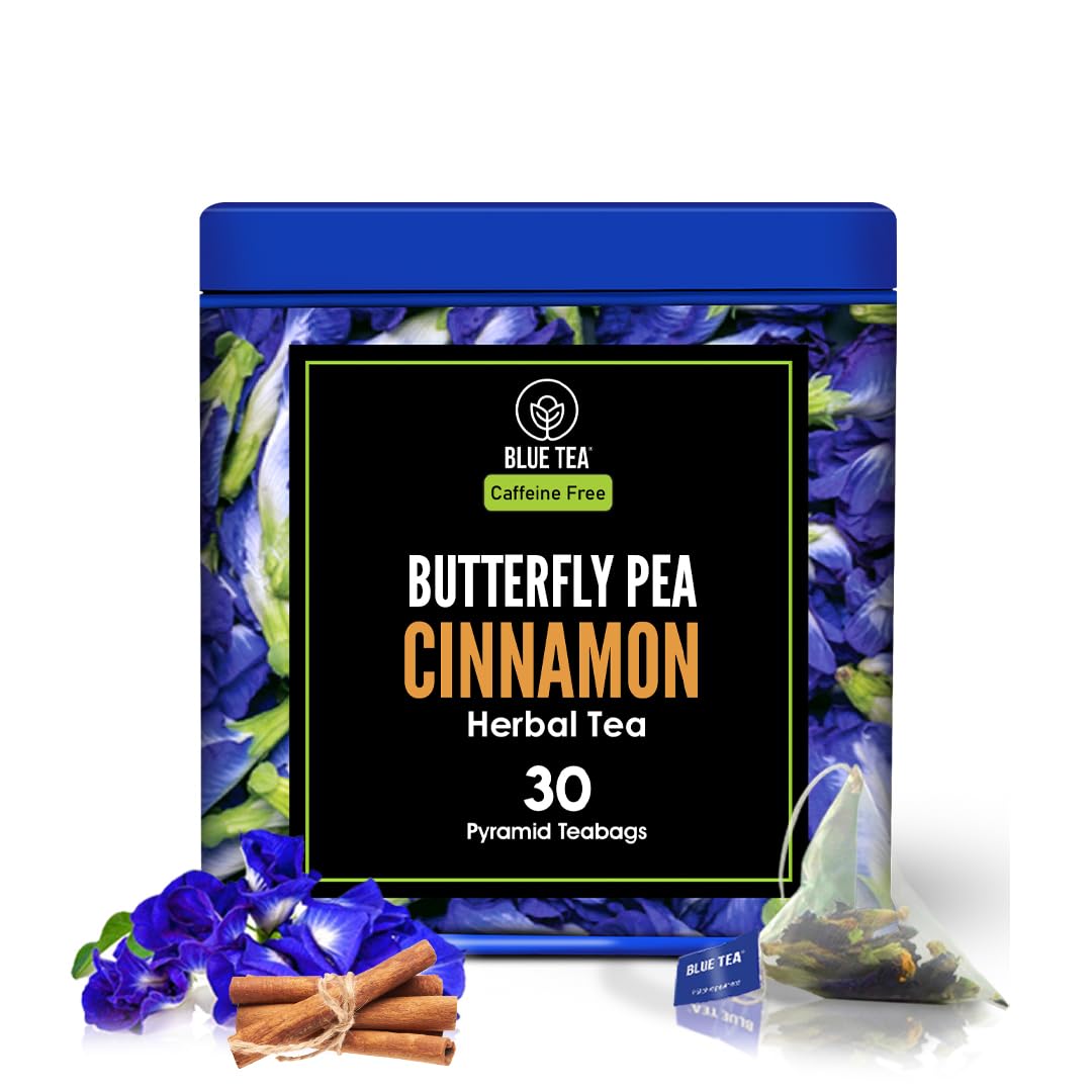 BLUE TEA – Té de hierbas de canela con flor de guisante de mariposa – 30 bolsas de té  FARM FRESH  Sin cafeína – Sin gluten – Sin OMG – Paquete de