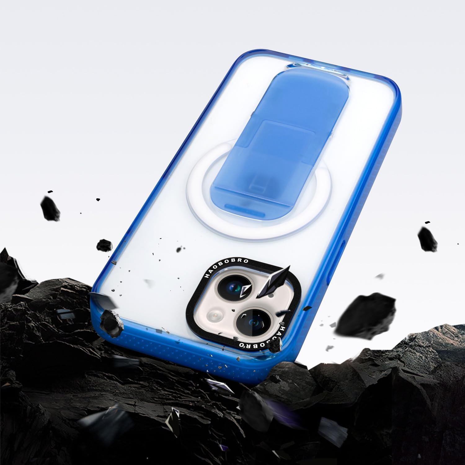 Funda diseñada para iPhone 15 con soporte, compatible con MagSafe, parte trasera de policarbonato transparente antiarañazos + parachoques de TPU a