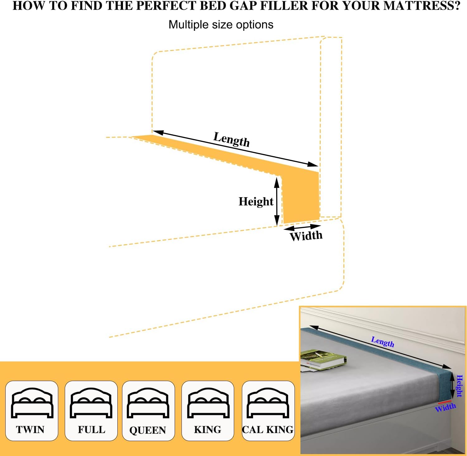 Etoohy Relleno de huecos de cama de 60 x 4 x 10 pulgadas, cojín de almohada para cabecero de cama, extensor de colchón grueso entre el cabecero del