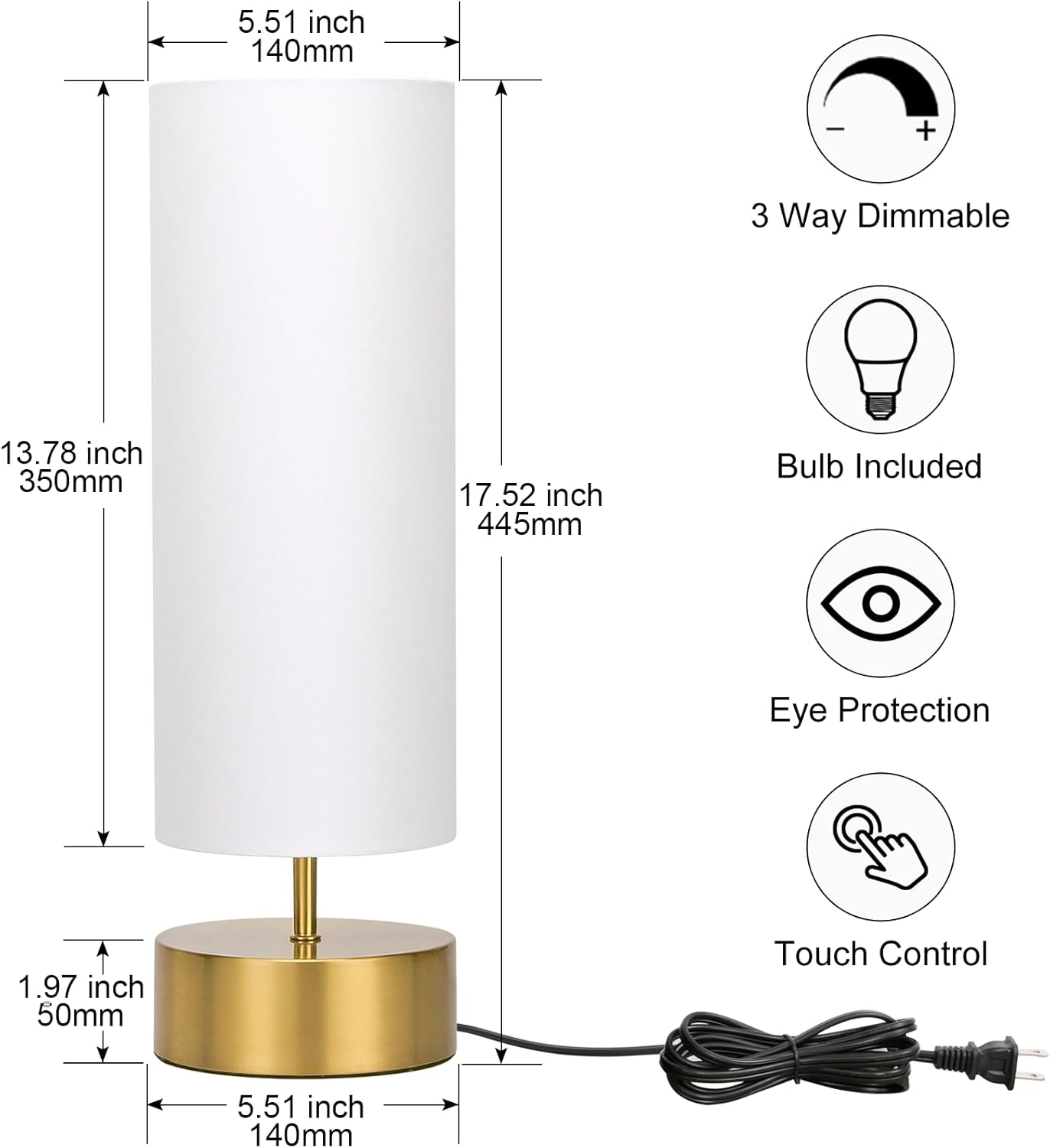 Lámpara de mesa regulable de 3 vías, lámpara de mesa de noche con control táctil con pantalla blanca, lámpara táctil moderna dorada, lámpara de mesa