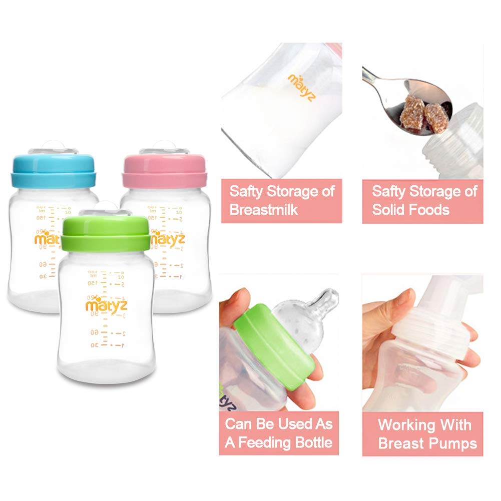 Matyz Paquete de 4 botellas de almacenamiento de leche materna con tapas (verde, 6 onzas cada una), botella de almacenamiento de recolección de