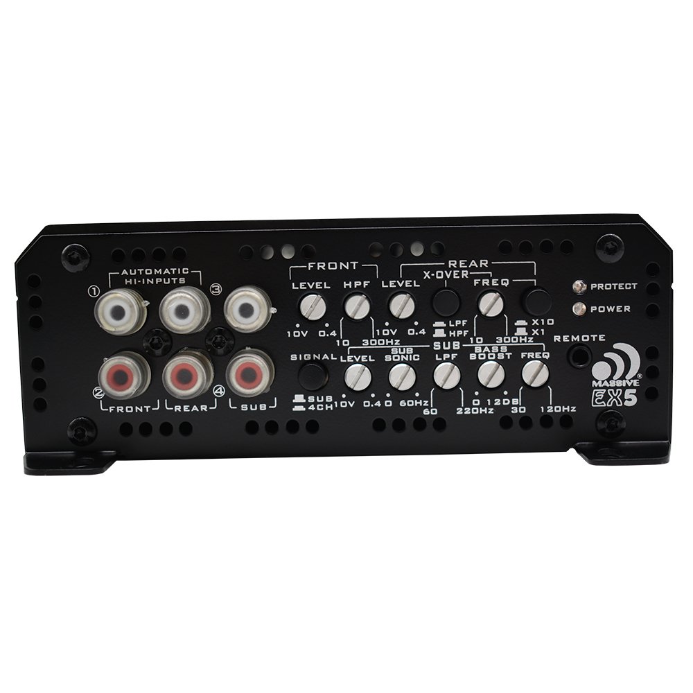 Massive Audio Serie Blade Power EX5. 2500 vatios, 5 canales, estable de 1 ohmio, híbrido de clase ABD, amplificador de coche con refuerzo de graves,