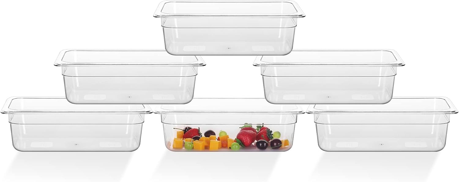 Paquete de 6 bandejas de comida NSF, 13 de tamaño de 4 pulgadas de profundidad de policarbonato transparente, recipientes de almacenamiento de