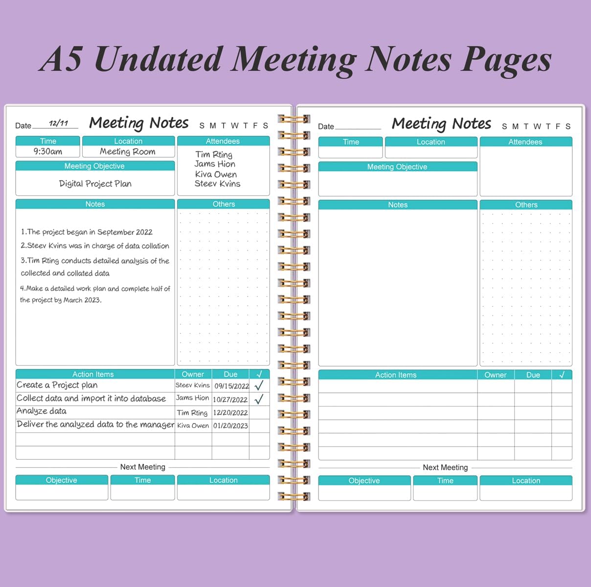 Cuaderno de reuniones para el trabajo con artículos de acción, planificador de proyectos en espiral A5 para tomar notas, notas de reuniones de