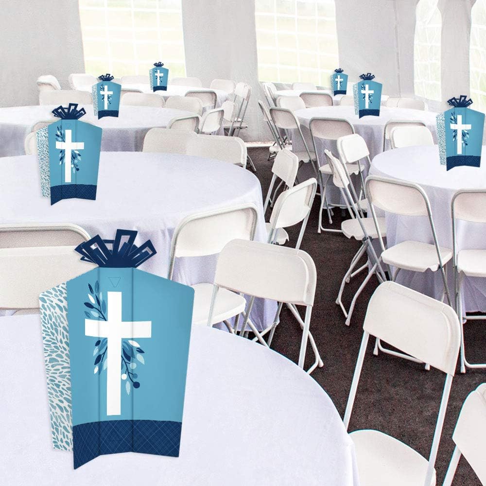 Big Dot of Happiness Cruz azul elegante – Decoraciones de mesa – Centros de mesa plegables para fiestas religiosas para niños, 10 unidades