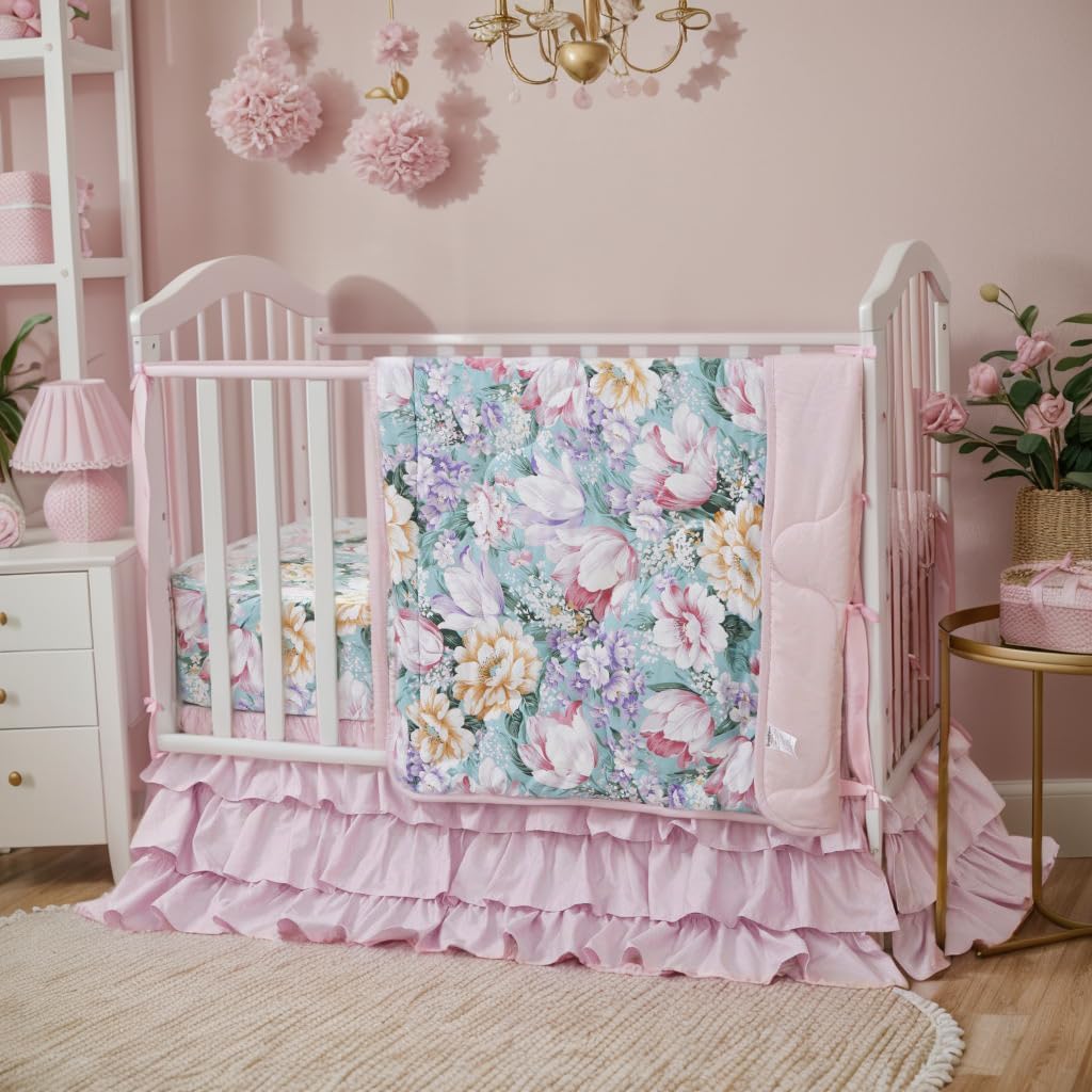 Brandream Juego de ropa de cama para cuna para niñas, 800 hilos, 100% algodón egipcio, juego de ropa de cama de 3 piezas, edredón de flores moradas,