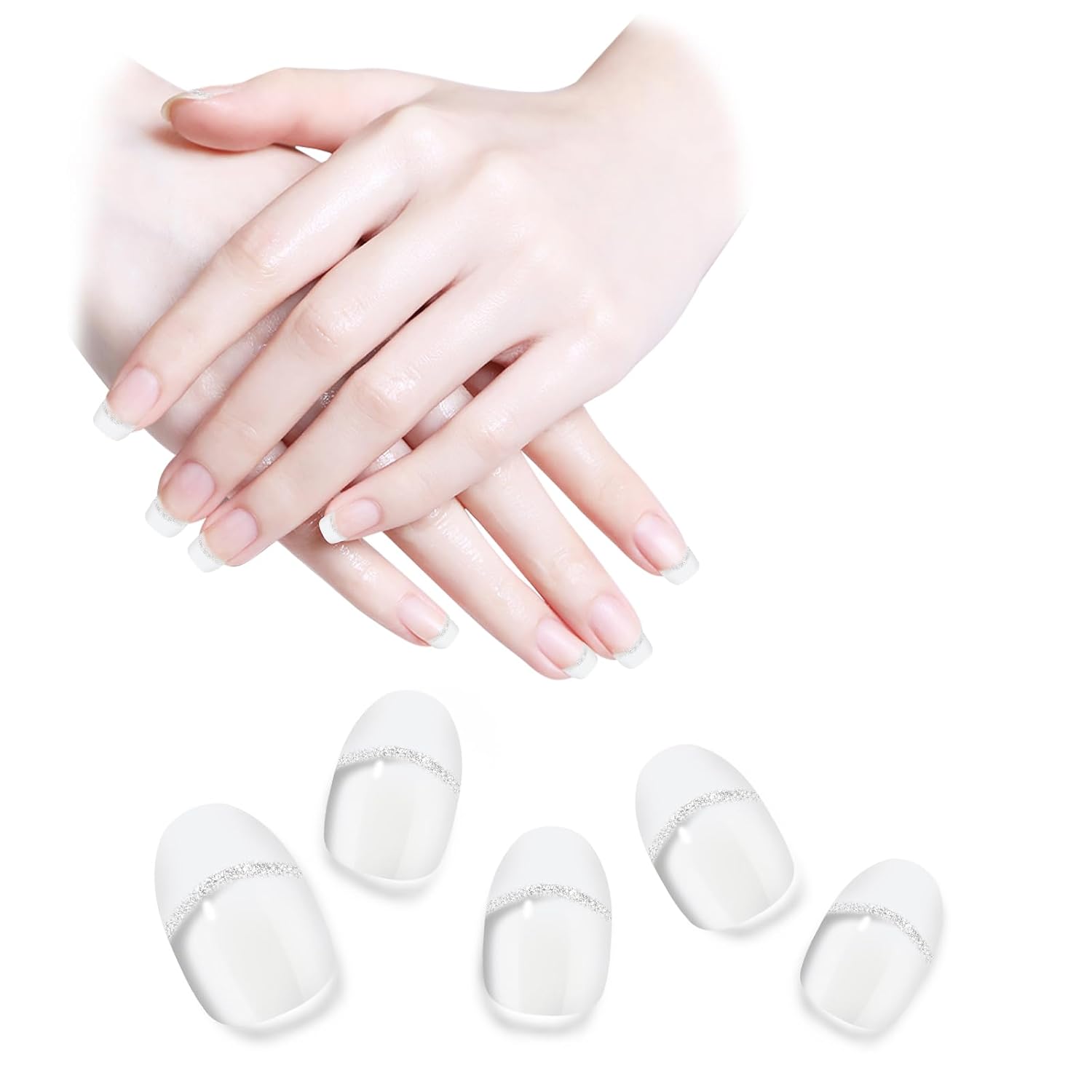 Tiras de uñas de gel semicuradas, puntas de uñas francesas, 20 piezas de calcomanías de uñas de gel con purpurina plateada, funcionan con lámpara de
